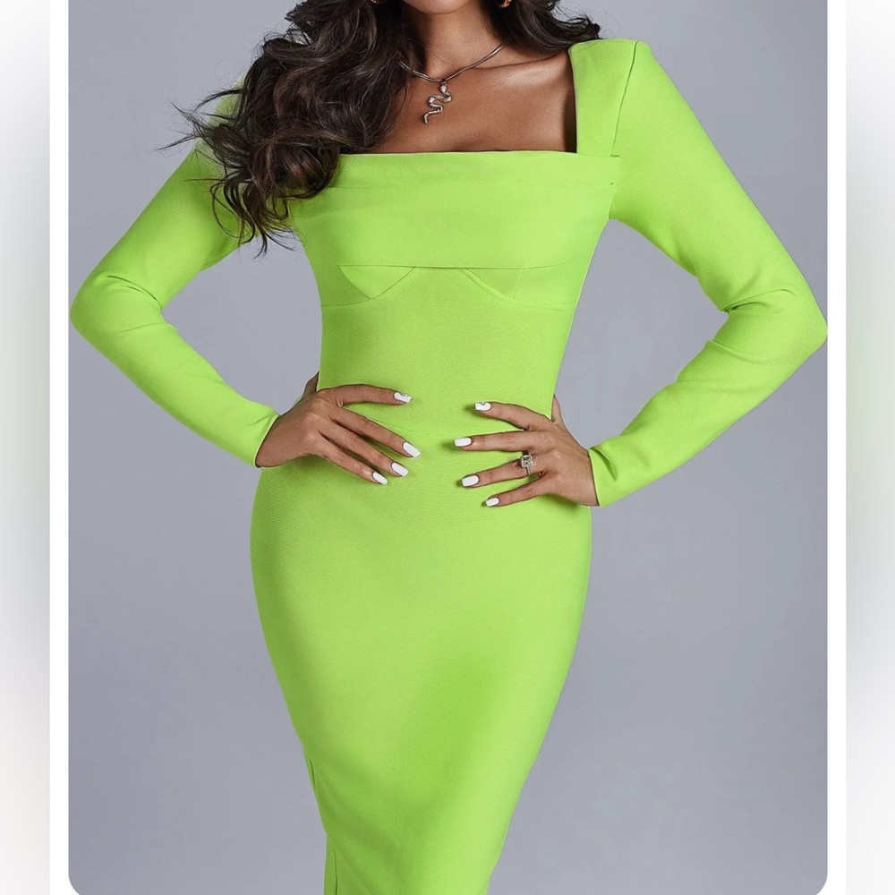 NWT Elegant Lime Green Midi Dress - Picture 4 of 6